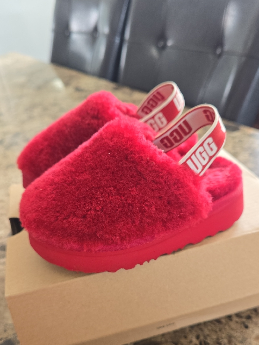 UGG Toddler Red Fluff Yeah Clog Slide with Branded Heel Strap